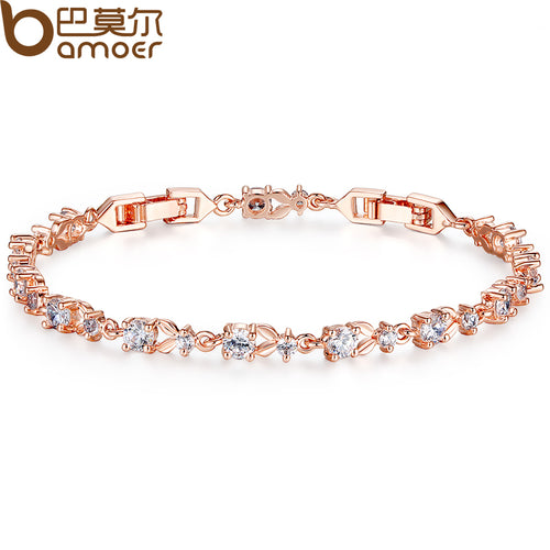 Bracelets for Women - BAMOER 6 Colors Luxury Rose Gold Color Chain Link Bracelet for Women Ladies Shining AAA Cubic Zircon Crystal Jewelry JIB013