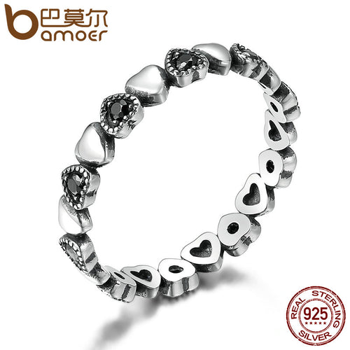 Rings for Women - Black CZ Finger for Women BAMOER Genuine 925 Sterling Silver Stackable Ring Heart Wedding Anniversary Jewelry Anel SCR140