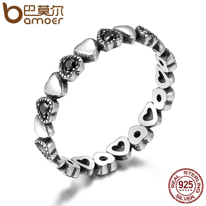Rings for Women - Black CZ Finger for Women BAMOER Genuine 925 Sterling Silver Stackable Ring Heart Wedding Anniversary Jewelry Anel SCR140