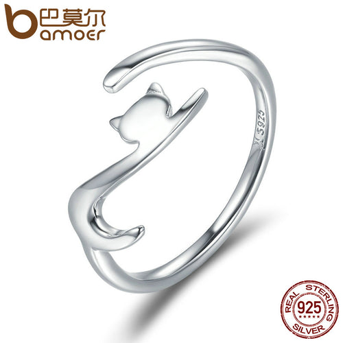 Rings for Women - Long Tail Finger Ring BAMOER 100% 925 Sterling Silver Sticky Cat with  Ring Adjustable Engagement Ring Jewelry SCR220