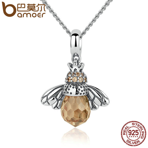 BAMOER 925 Sterling Silver Lovely Orange Bee Animal Pendants Necklace for Women Fine Jewelry CC035