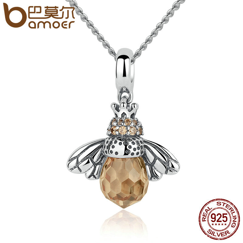 BAMOER 925 Sterling Silver Lovely Orange Bee Animal Pendants Necklace for Women Fine Jewelry CC035