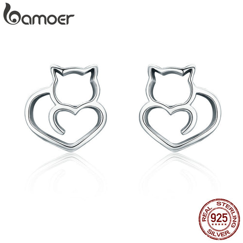 BAMOER Hot Sale Authentic 925 Sterling Silver Cute Cat Small Stud Earrings for Women Fashion Sterling Silver Jewelry SCE271