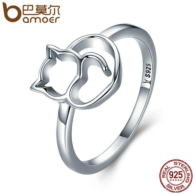 Rings for Women - Cat & Heart Finger Ring BAMOER Authentic 100% 925 Sterling Silver Naughty Little for Women Sterling Silver Jewelry Gift SCR104