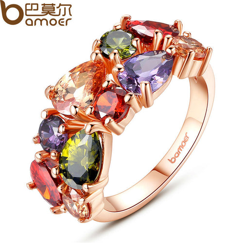 Rings for Women - BAMOER Unique Design Rose Gold Color Mona Lisa Ring for Female Wedding with AAA Colorful Cubic Zircon Bijouterie JIR052