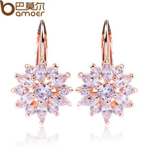 BAMOER 3 Colors Luxury Gold Color Flower Stud Earrings with Zircon Stone Women Birthday Gift Bijouterie JIE014