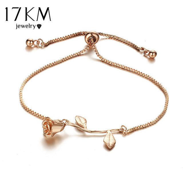 Bracelets for Women - 17KM Fashion Rose Flower Charm Bracelet For Women Girl Bracelet & Bangle Adjustable Pulseras Mujer Wedding Bridal Jewelry Gift