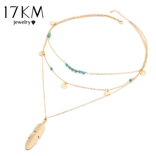17KM New Fashion Multi Layer Leaf Chain Necklaces Jewelry for Women Bohemian Blue Stone Choker Chain Jewellery Gargantilha