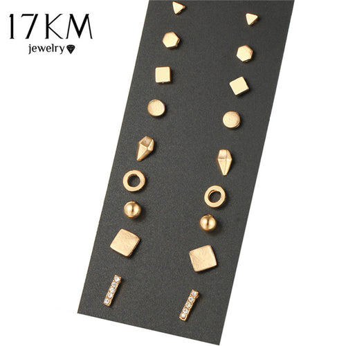 Stud Earrings Piercing Gold Color New Fashion Earring For Women Bijoux Jewelry 17KM 9 Pairs/set Brincos Geometric Crystal