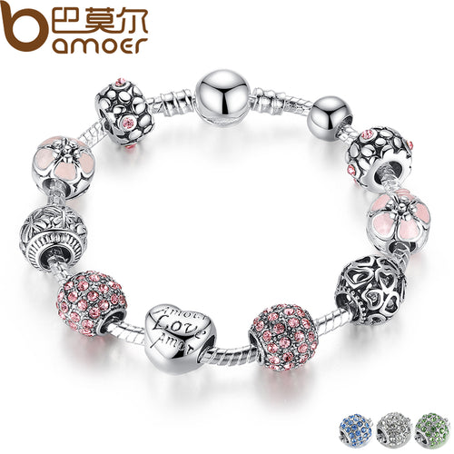 Bracelets for Women - BAMOER Antique Silver Charm Bracelet & Bangle with Love and Flower Crystal Ball Women Wedding Mother's Day Gift PA1455