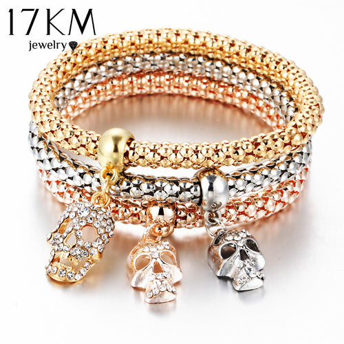 Bracelets for Women - 17KM Fashion Gold Color Crystal Skull Bracelet & Bangle 2018 New Charm Luxury Love Heart Women Bracelet Gift 3 PCS/Set